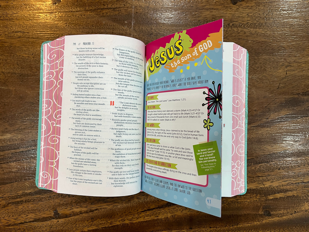 NLT Girls Life Application Study Bible (LeatherLike, Teal/Pink Flowers)