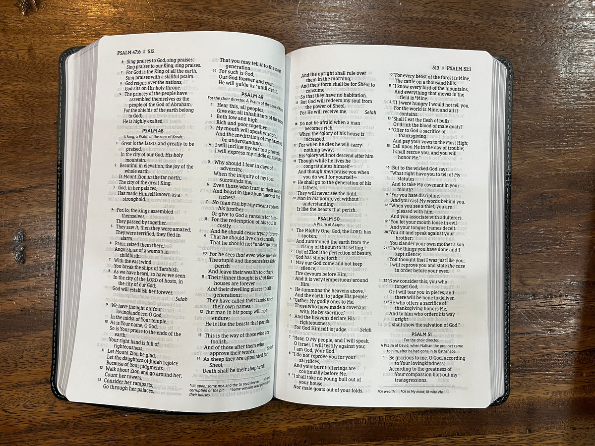 NASB Comfort Print Thinline Bible, Red Letter Edition--soft leather-look, black