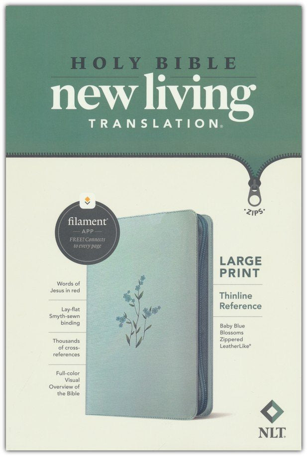 NLT Large Print Thinline Reference Zipper Bible, Filament Enabled (LeatherLike, Baby Blue Blossoms, Red Letter)