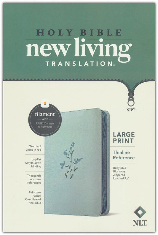 NLT Large Print Thinline Reference Zipper Bible, Filament Enabled (LeatherLike, Baby Blue Blossoms, Red Letter)