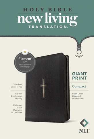 NLT Com Giant Print Zipper Bible, Fil Enabled (LeatherLike, Black Cross, Red Letter)